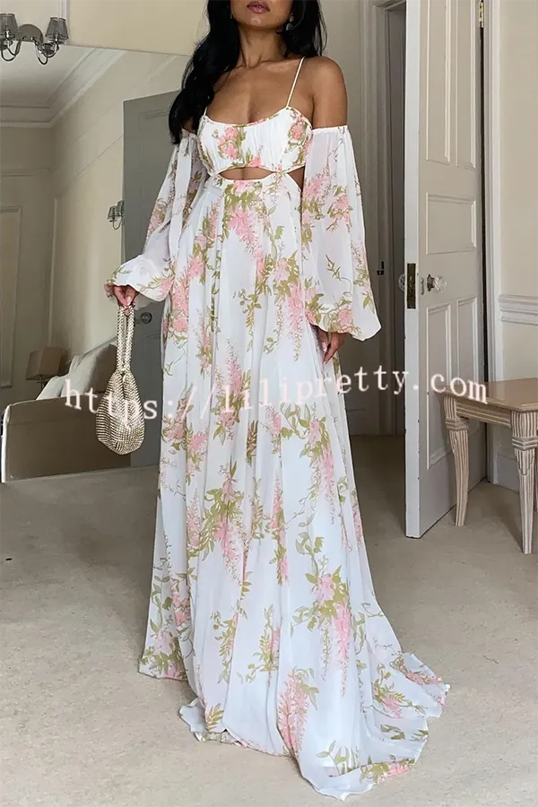 Everlasting Love Floral Print Cold Shoulder Cutout Open Back Maxi Dress