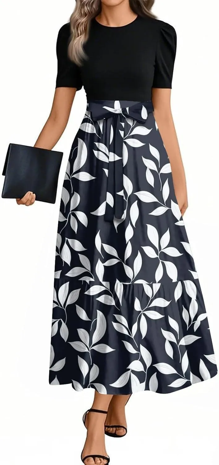 Floral Maxi Dresses for Women 2025 Elegant Boho Tie Belted Patchwork Dress Short Sleeve Wedding Guest Flowy Dress
