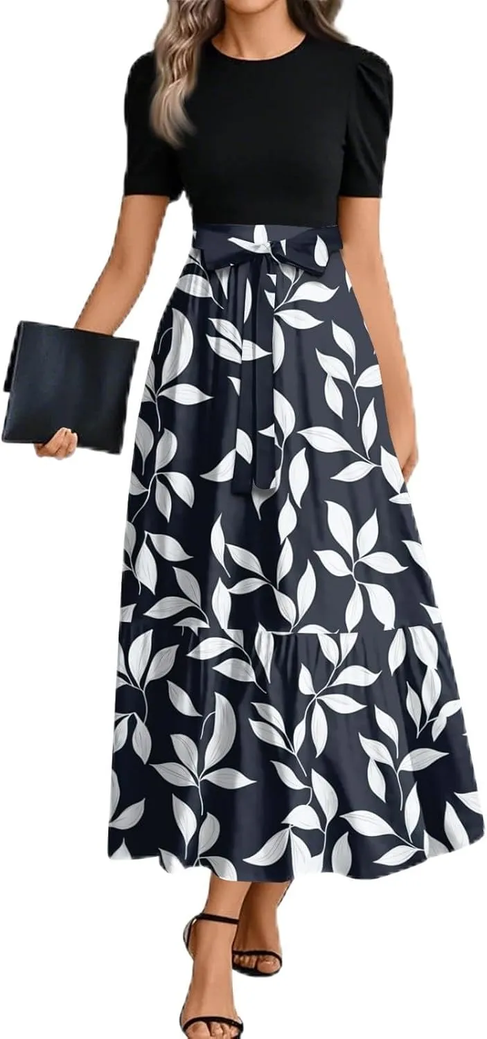 Floral Maxi Dresses for Women 2025 Elegant Boho Tie Belted Patchwork Dress Short Sleeve Wedding Guest Flowy Dress