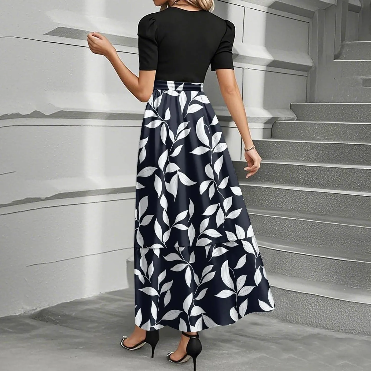 Floral Maxi Dresses for Women 2025 Elegant Boho Tie Belted Patchwork Dress Short Sleeve Wedding Guest Flowy Dress