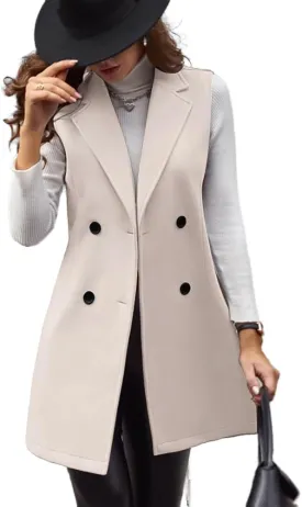 IDEALSANXUN Womens Long Wool Vest Fall Winter Sleeveless Blazer Jackets Double Breasted Trench Coats