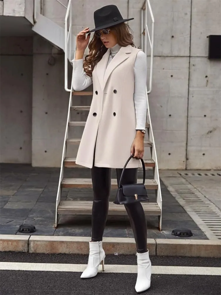 IDEALSANXUN Womens Long Wool Vest Fall Winter Sleeveless Blazer Jackets Double Breasted Trench Coats