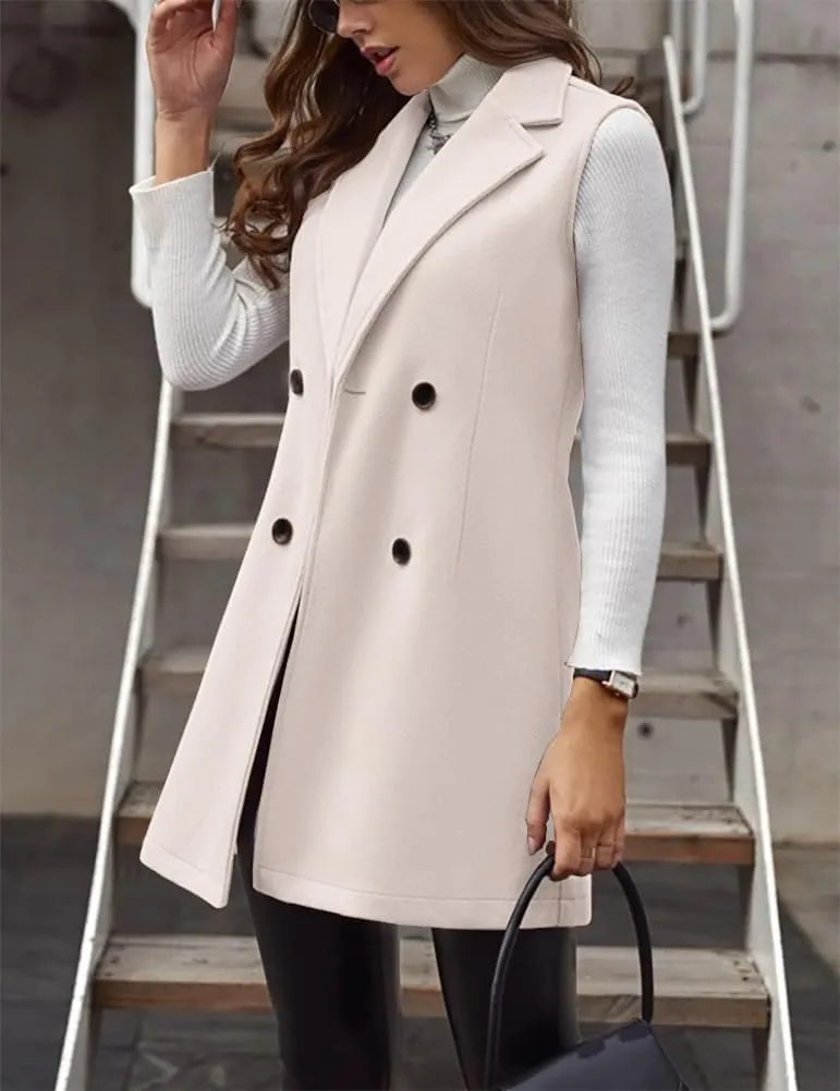 IDEALSANXUN Womens Long Wool Vest Fall Winter Sleeveless Blazer Jackets Double Breasted Trench Coats