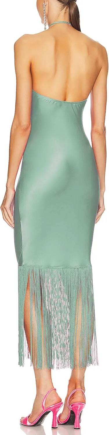 JLCNCUE Women Halter Neck Bodycon Midi Dress Fringe Hem Party Dress Sleeveless Open Back Tassels Evening Gown 262