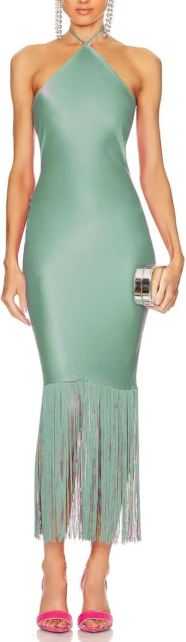 JLCNCUE Women Halter Neck Bodycon Midi Dress Fringe Hem Party Dress Sleeveless Open Back Tassels Evening Gown 262