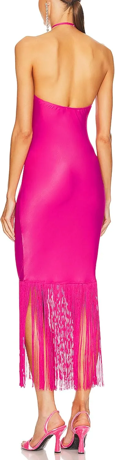 JLCNCUE Women Halter Neck Bodycon Midi Dress Fringe Hem Party Dress Sleeveless Open Back Tassels Evening Gown 262