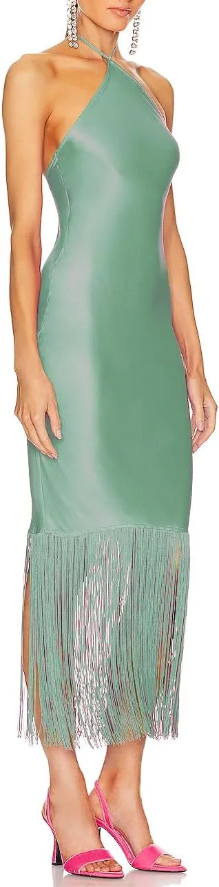JLCNCUE Women Halter Neck Bodycon Midi Dress Fringe Hem Party Dress Sleeveless Open Back Tassels Evening Gown 262