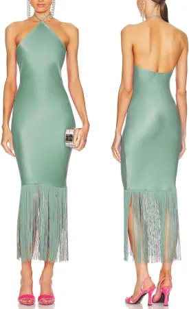 JLCNCUE Women Halter Neck Bodycon Midi Dress Fringe Hem Party Dress Sleeveless Open Back Tassels Evening Gown 262
