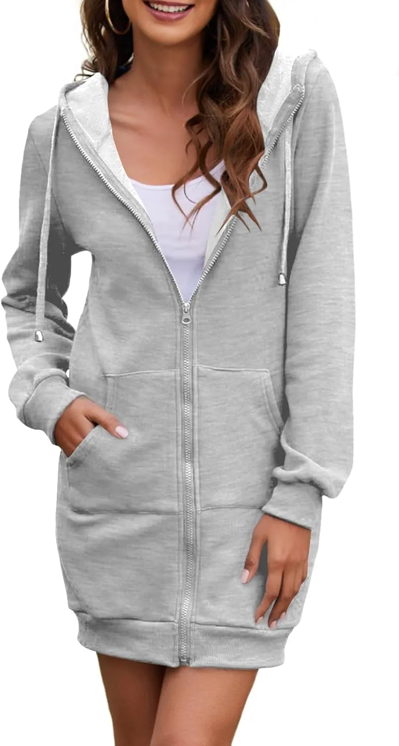 Locryz Women's Casual Pockets Zip Up Hoodies Fleece Tunic Sweatshirt Long Hoodie Jacket Coat