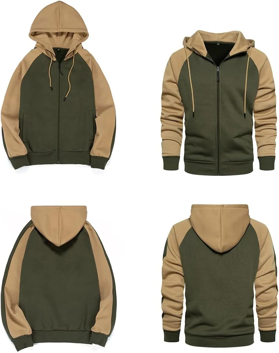 Men's Hoodie Loose Fit Color Blocking Full Zip Up Hooded Sweatshirt Long Sleeve Casual Hoodies with Pocket