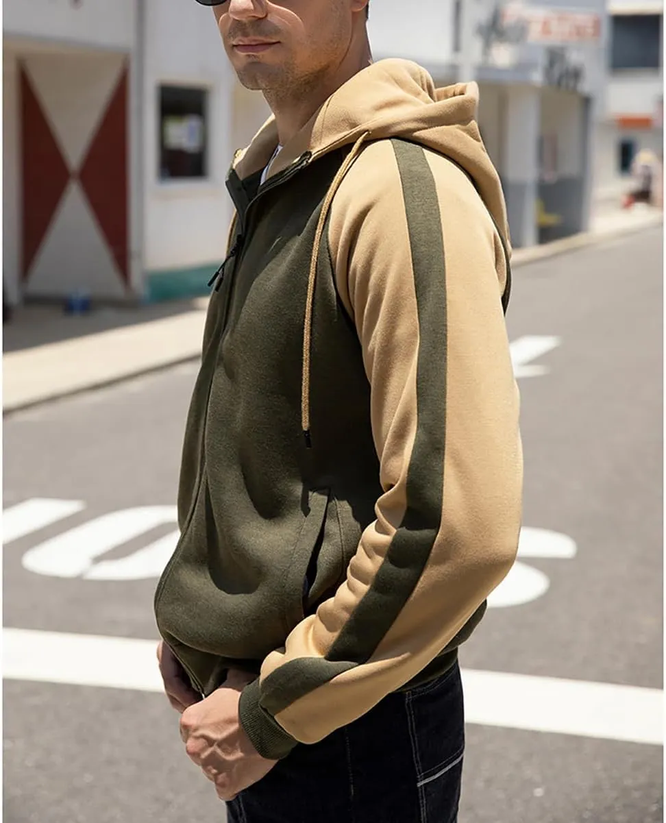 Men's Hoodie Loose Fit Color Blocking Full Zip Up Hooded Sweatshirt Long Sleeve Casual Hoodies with Pocket