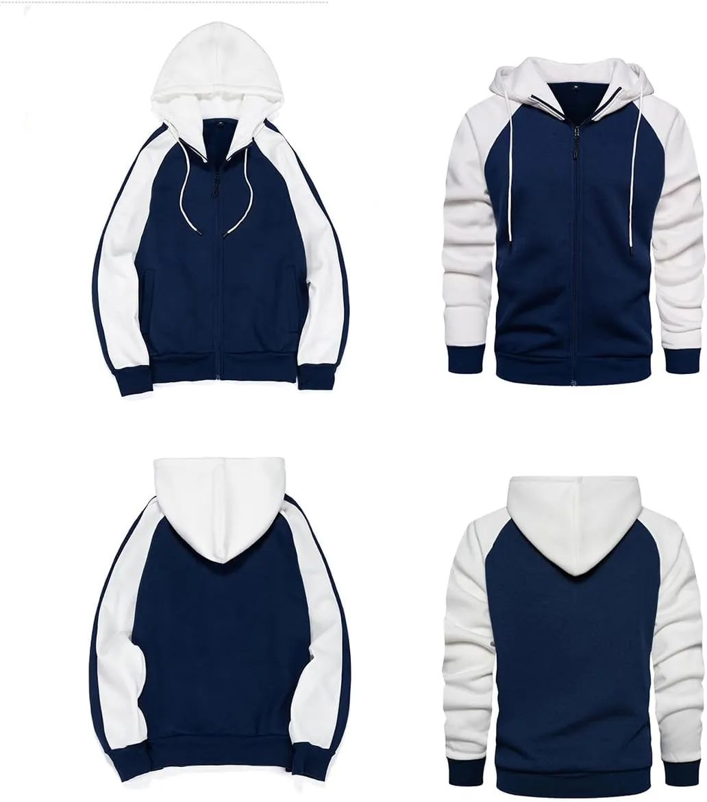 Men's Hoodie Loose Fit Color Blocking Full Zip Up Hooded Sweatshirt Long Sleeve Casual Hoodies with Pocket