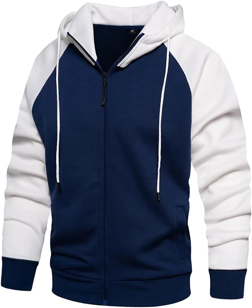 Men's Hoodie Loose Fit Color Blocking Full Zip Up Hooded Sweatshirt Long Sleeve Casual Hoodies with Pocket