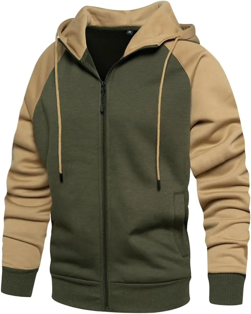 Men's Hoodie Loose Fit Color Blocking Full Zip Up Hooded Sweatshirt Long Sleeve Casual Hoodies with Pocket