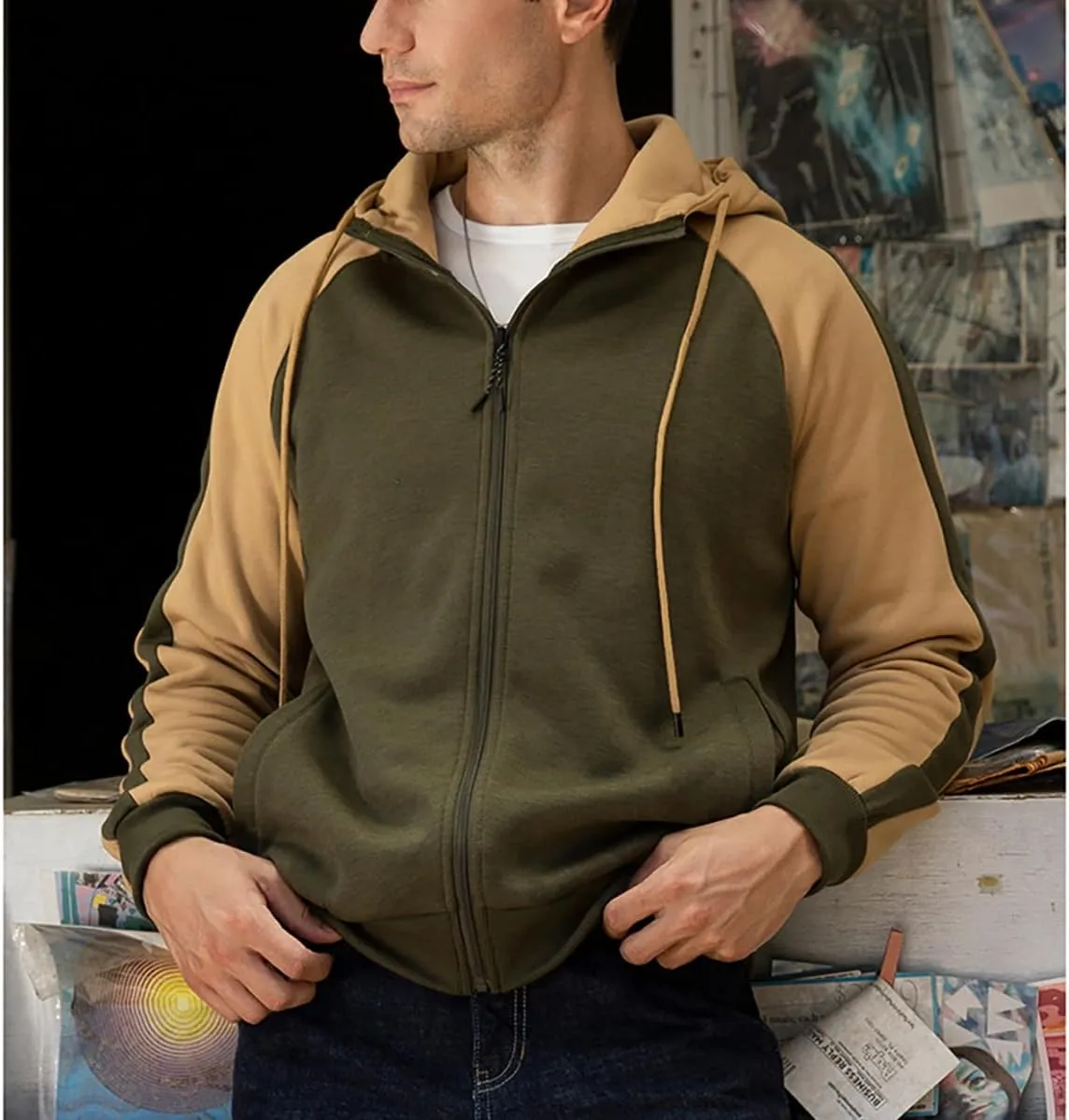 Men's Hoodie Loose Fit Color Blocking Full Zip Up Hooded Sweatshirt Long Sleeve Casual Hoodies with Pocket