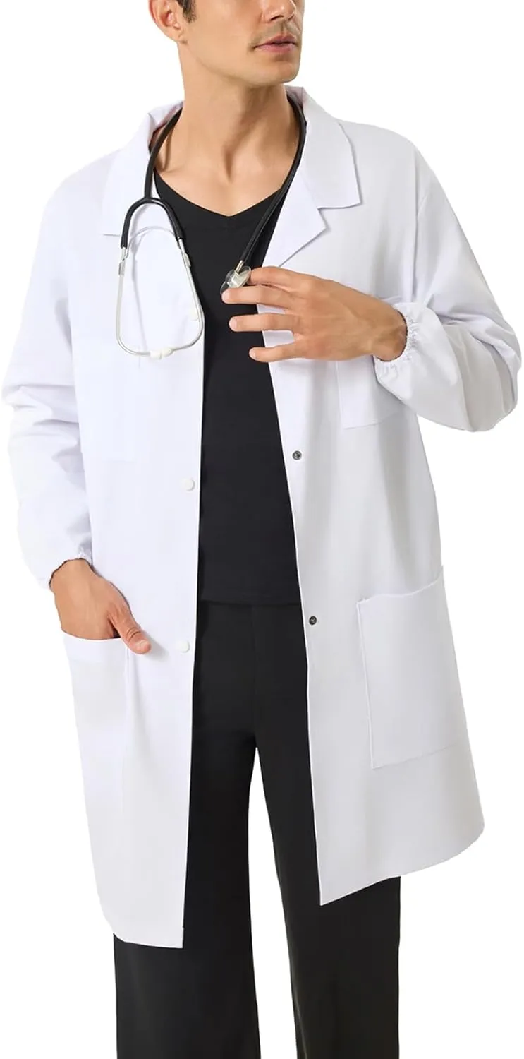 Men's Lab Coats Snap Closure 4 Pockets Elastic Cuffs Professional Medicas Long Sleeve Labcoats Scientist College