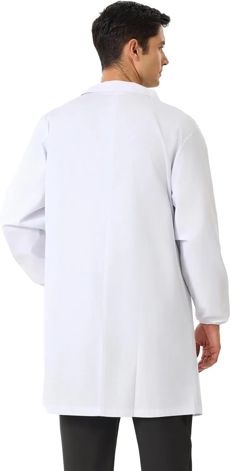 Men's Lab Coats Snap Closure 4 Pockets Elastic Cuffs Professional Medicas Long Sleeve Labcoats Scientist College