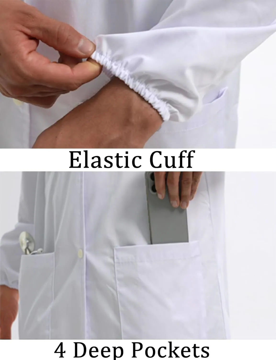 Men's Lab Coats Snap Closure 4 Pockets Elastic Cuffs Professional Medicas Long Sleeve Labcoats Scientist College