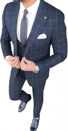 Mens Suit Plaid Slim Fit 3 Pieces Checked Casual Tuxedo Suits for Men Wedding Business Party Blazer Vest Pants Set