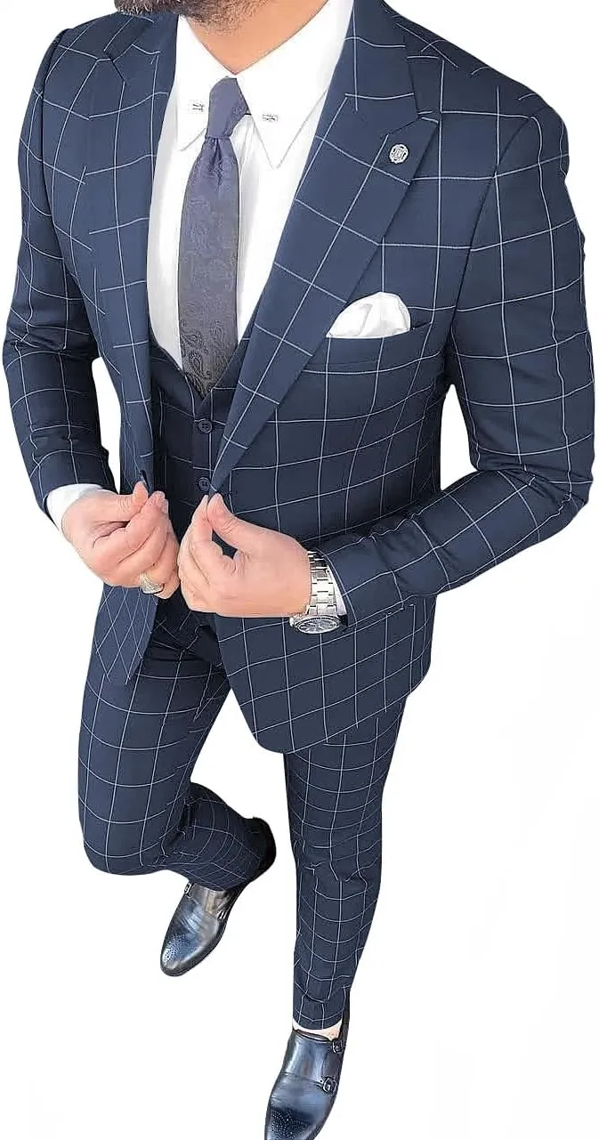 Mens Suit Plaid Slim Fit 3 Pieces Checked Casual Tuxedo Suits for Men Wedding Business Party Blazer Vest Pants Set