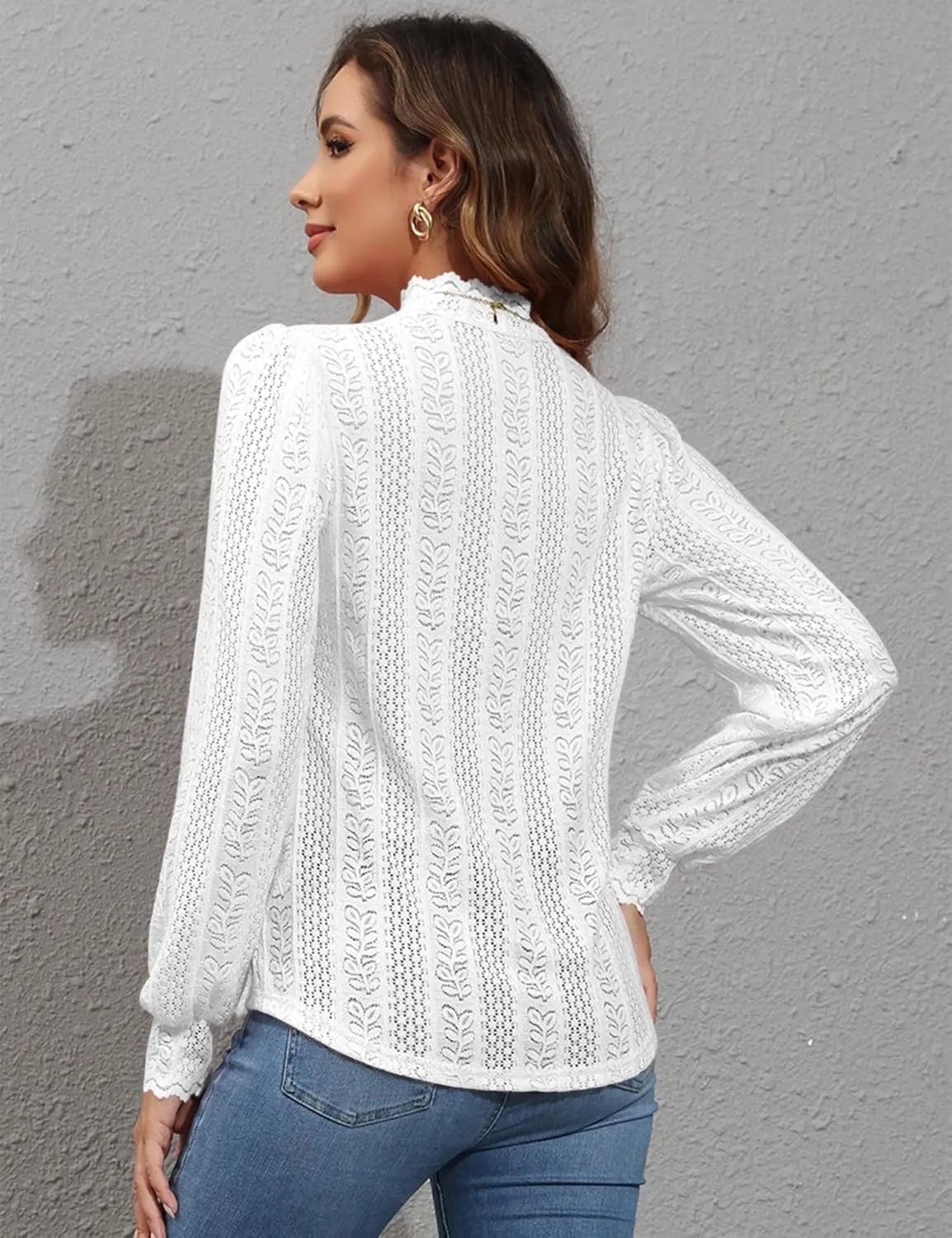 Micoson Women Lace Shirts Mock Neck Long Sleeve Top Casual Blouses Stretch Lace Slim T Shirt Dressy Blouse Tunic Tops