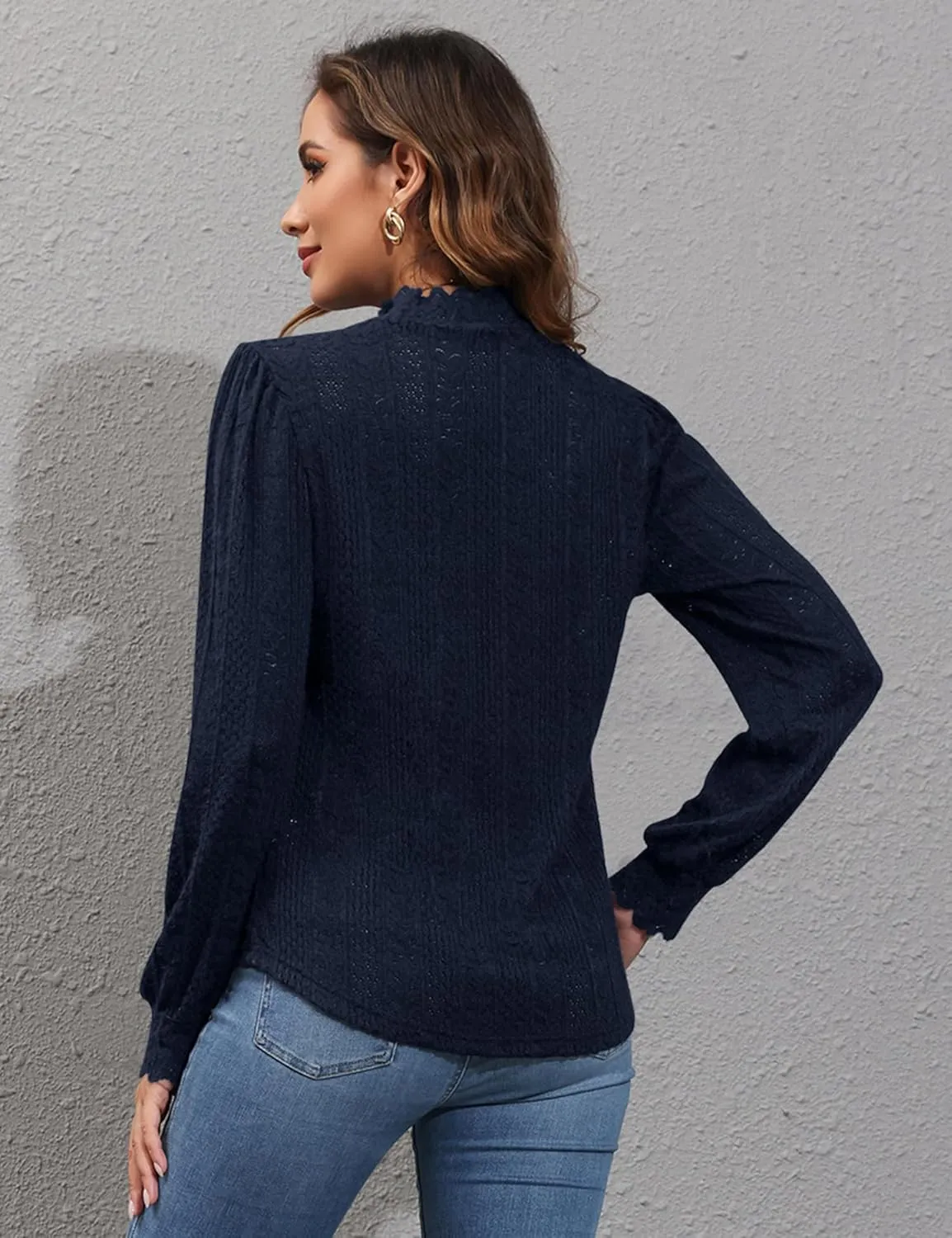 Micoson Women Lace Shirts Mock Neck Long Sleeve Top Casual Blouses Stretch Lace Slim T Shirt Dressy Blouse Tunic Tops