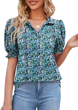 Micoson Womens Short Sleeve Polo T Shirts V Neck Casual Collared Tops Puff Sleeve Work Tunic Blouses