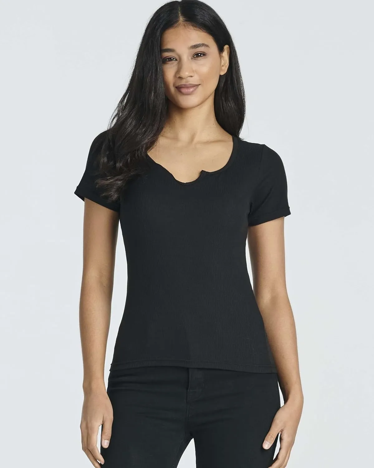 Real Essentials 4 Pack: Women's Soft Ribbed Knit Split Neck T-Shirt - Casual Office Summer Top (Available in Plus)