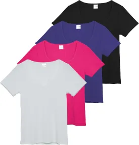 Real Essentials 4 Pack: Women's Soft Ribbed Knit Split Neck T-Shirt - Casual Office Summer Top (Available in Plus)