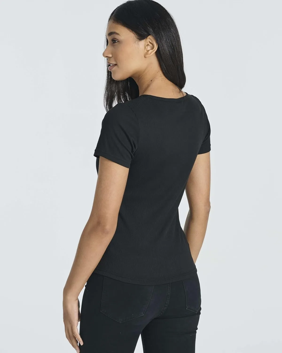 Real Essentials 4 Pack: Women's Soft Ribbed Knit Split Neck T-Shirt - Casual Office Summer Top (Available in Plus)