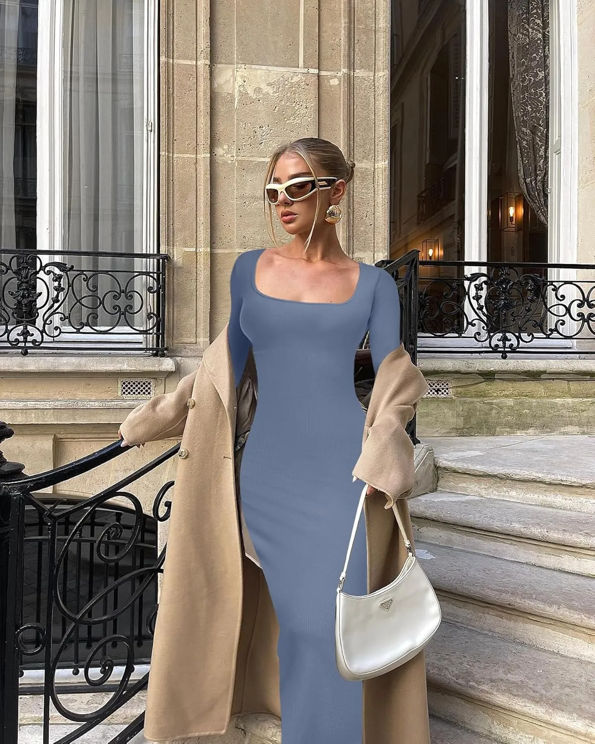 Relety Women's Bodycon Maxi Dresses Ribbed Long Sleeve Lounge Long Dress Square Neck Formal Casual Dresses for Women