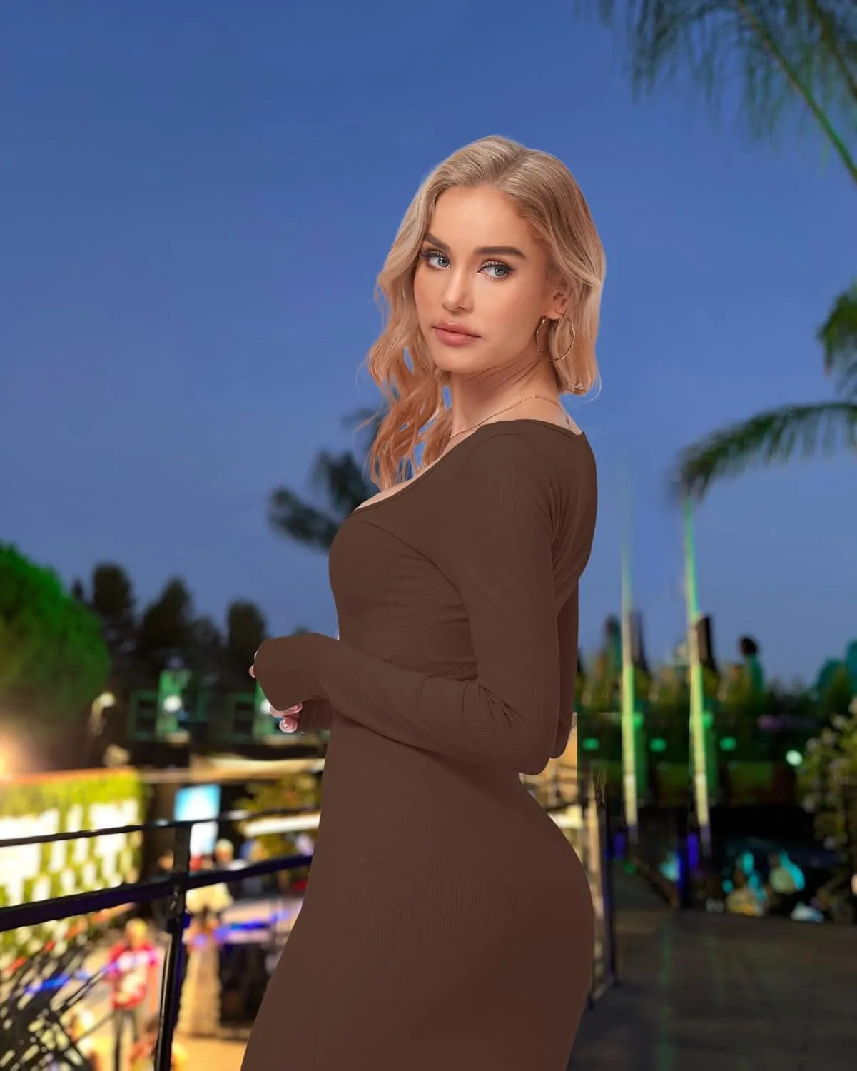 Relety Women's Bodycon Maxi Dresses Ribbed Long Sleeve Lounge Long Dress Square Neck Formal Casual Dresses for Women