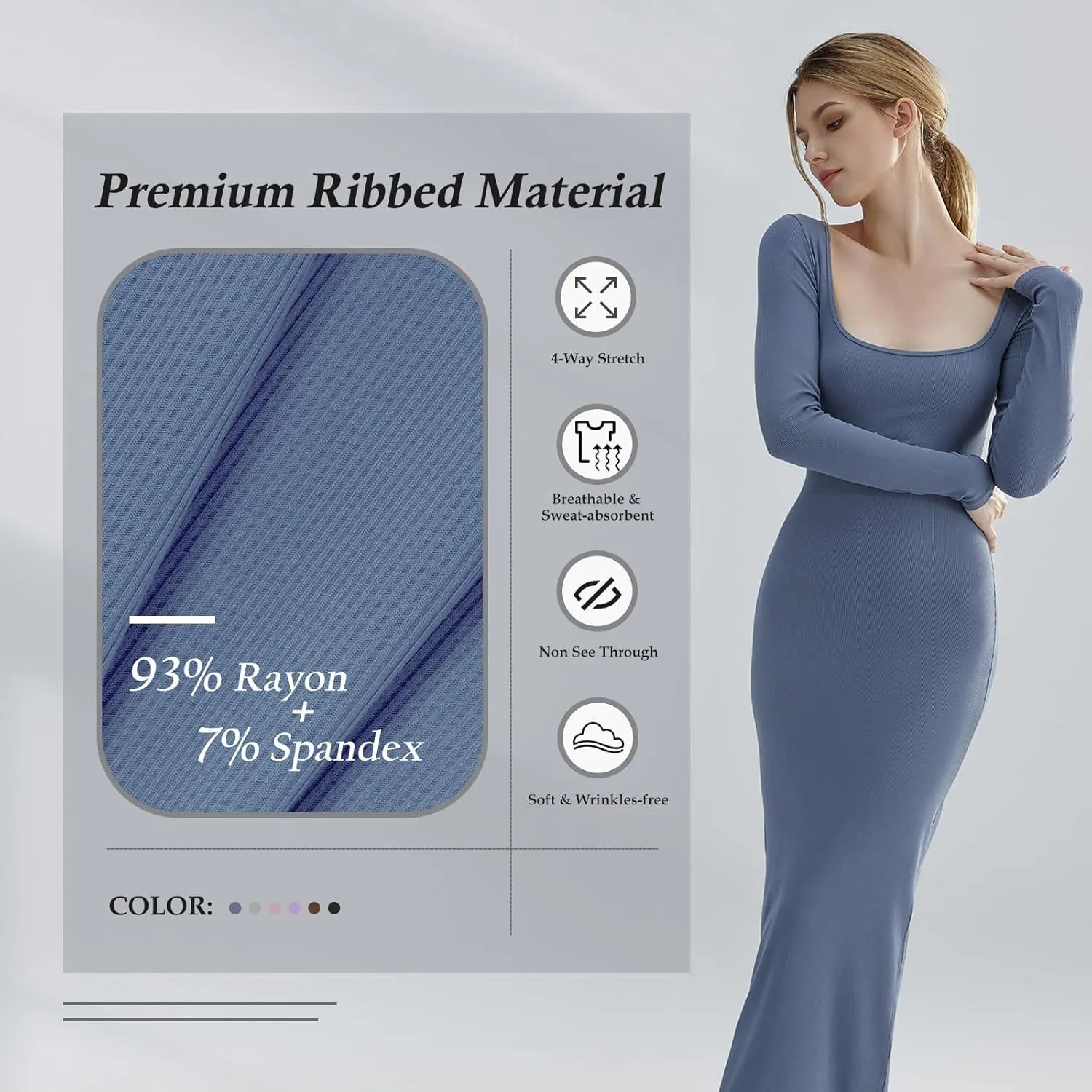 Relety Women's Bodycon Maxi Dresses Ribbed Long Sleeve Lounge Long Dress Square Neck Formal Casual Dresses for Women