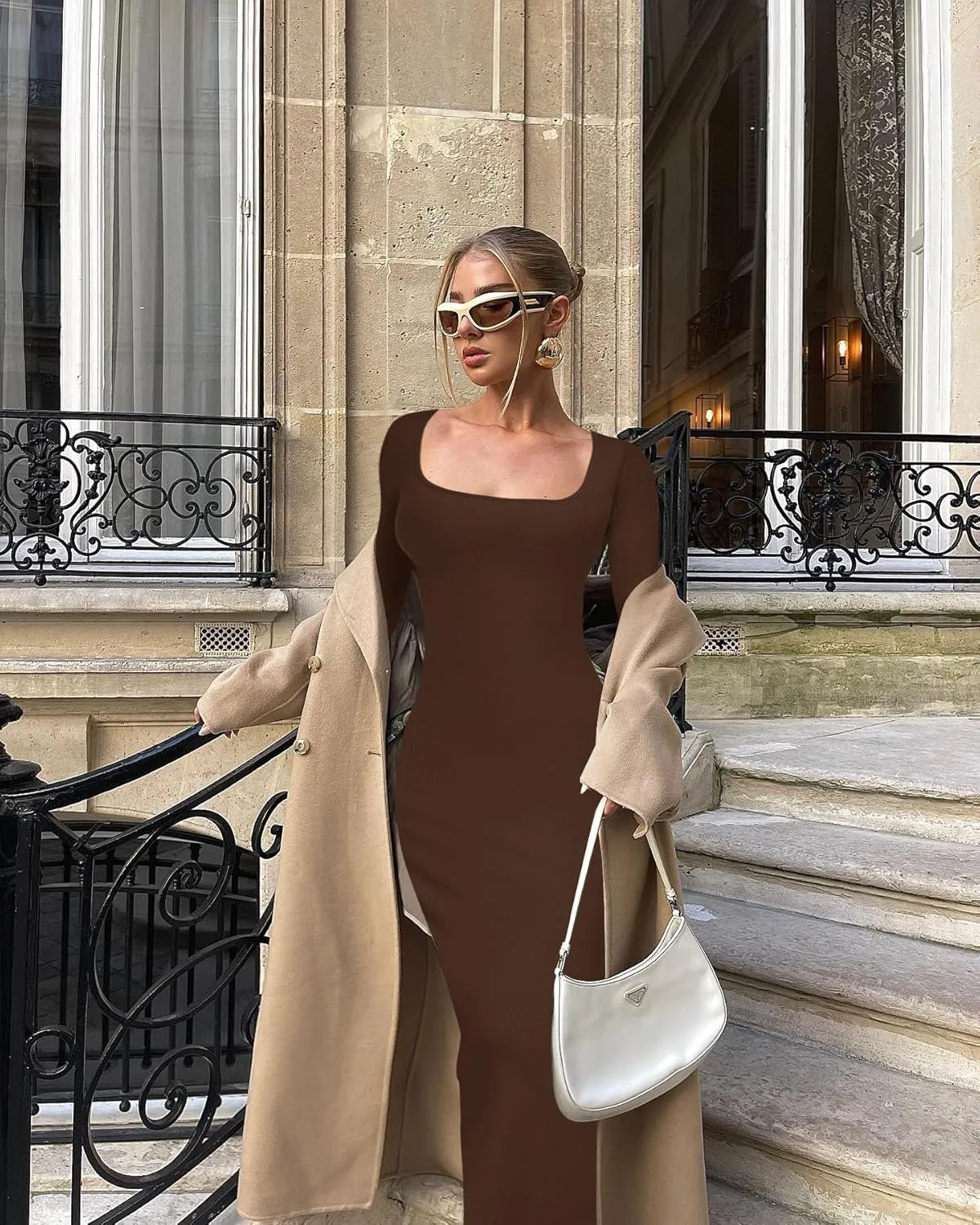 Relety Women's Bodycon Maxi Dresses Ribbed Long Sleeve Lounge Long Dress Square Neck Formal Casual Dresses for Women