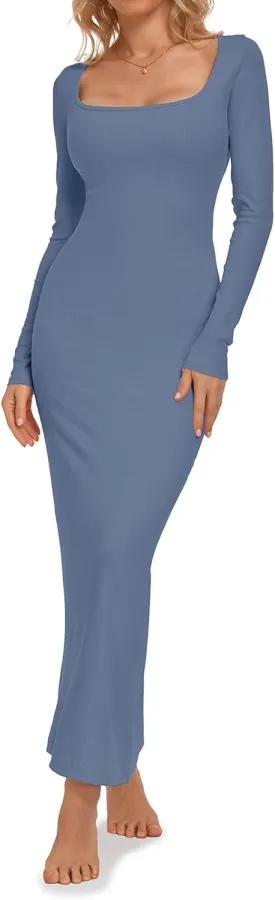 Relety Women's Bodycon Maxi Dresses Ribbed Long Sleeve Lounge Long Dress Square Neck Formal Casual Dresses for Women