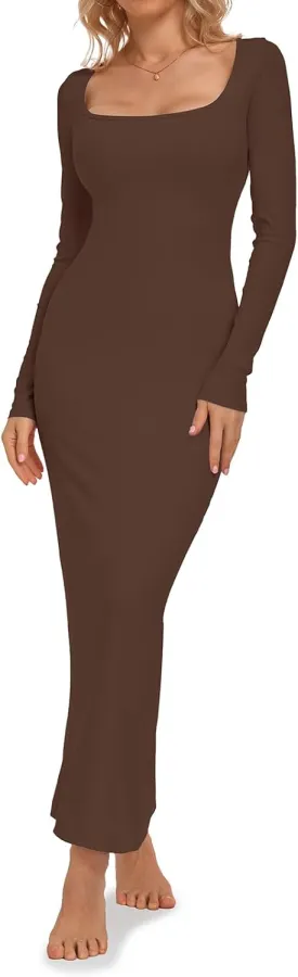 Relety Women's Bodycon Maxi Dresses Ribbed Long Sleeve Lounge Long Dress Square Neck Formal Casual Dresses for Women