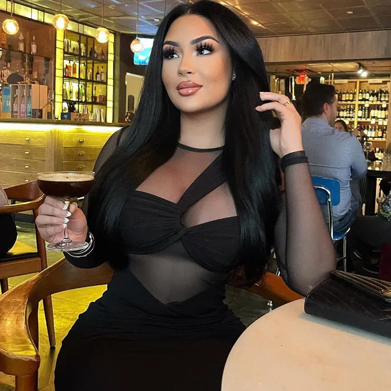 Round Neck Mesh Stitching Long Sleeves Mid Length Tight Dress