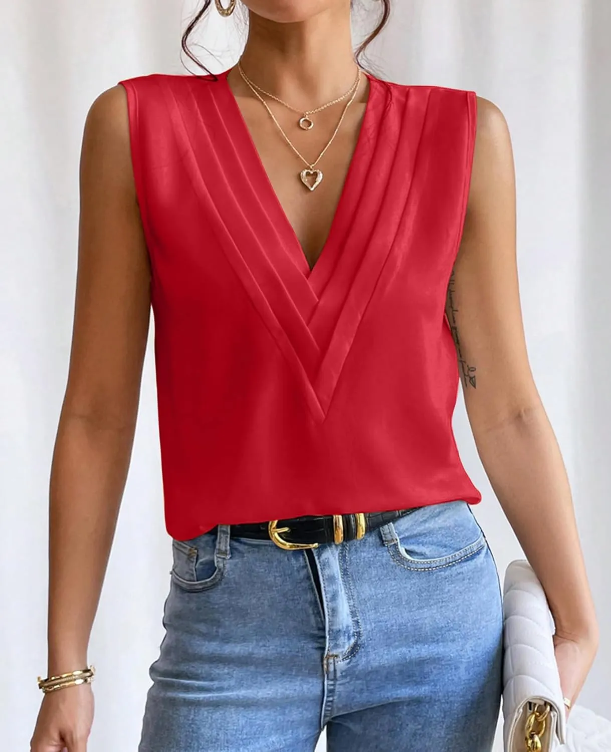 Sleeveless Chiffon Tops for Women Summer Triple V-neck T Shirts Business Office Dressy Outfit Blouse