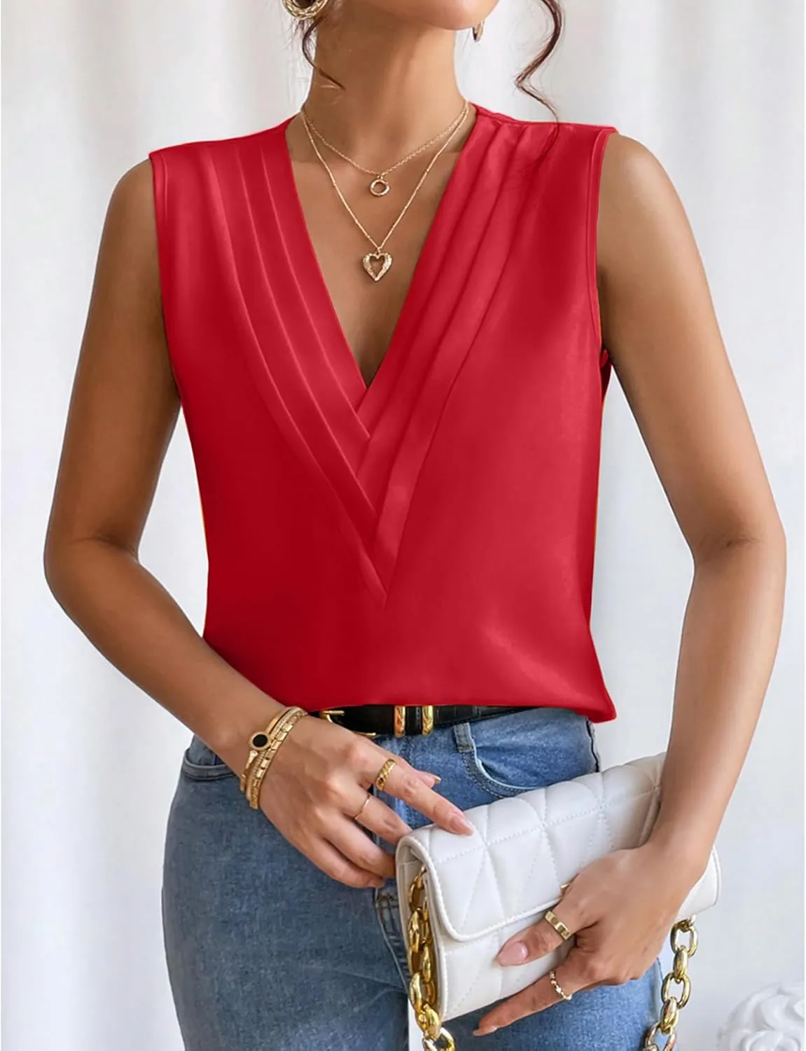 Sleeveless Chiffon Tops for Women Summer Triple V-neck T Shirts Business Office Dressy Outfit Blouse