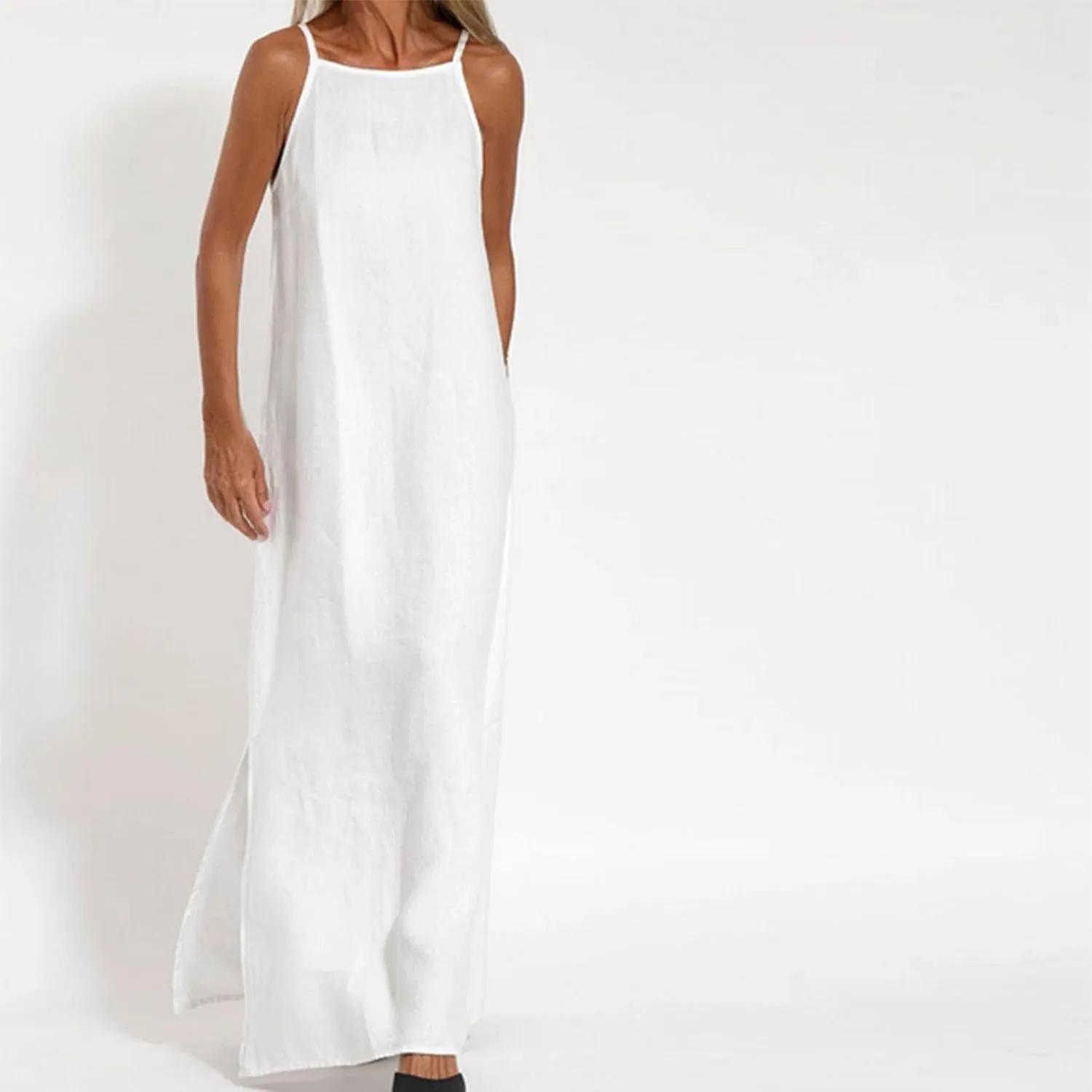 Spaghetti Strap Maxi Dresses for Women Solid Cotton Linen Elegant Slim Sundress Office Work Comfy Basic Long Dress