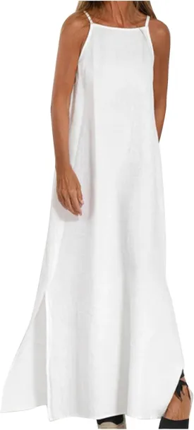 Spaghetti Strap Maxi Dresses for Women Solid Cotton Linen Elegant Slim Sundress Office Work Comfy Basic Long Dress