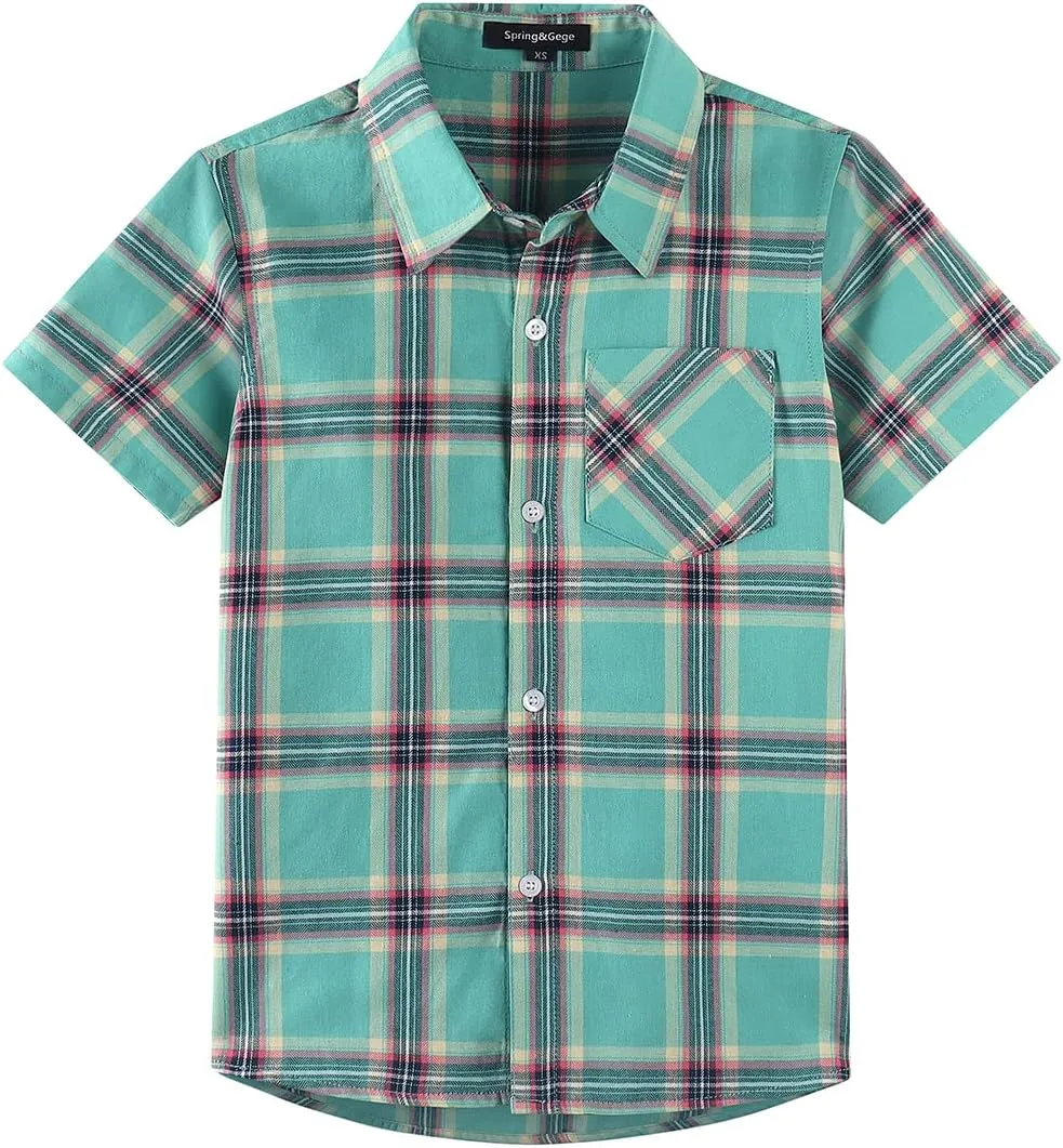Spring&Gege Boys Plaid Short Sleeve Shirt Casual Button Down Checked with Chest Pocket (5-14 Years)