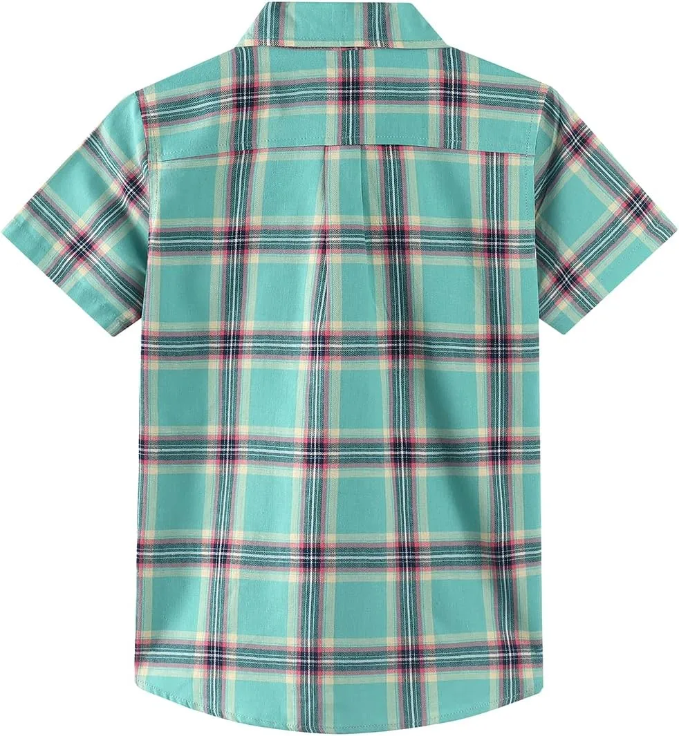 Spring&Gege Boys Plaid Short Sleeve Shirt Casual Button Down Checked with Chest Pocket (5-14 Years)