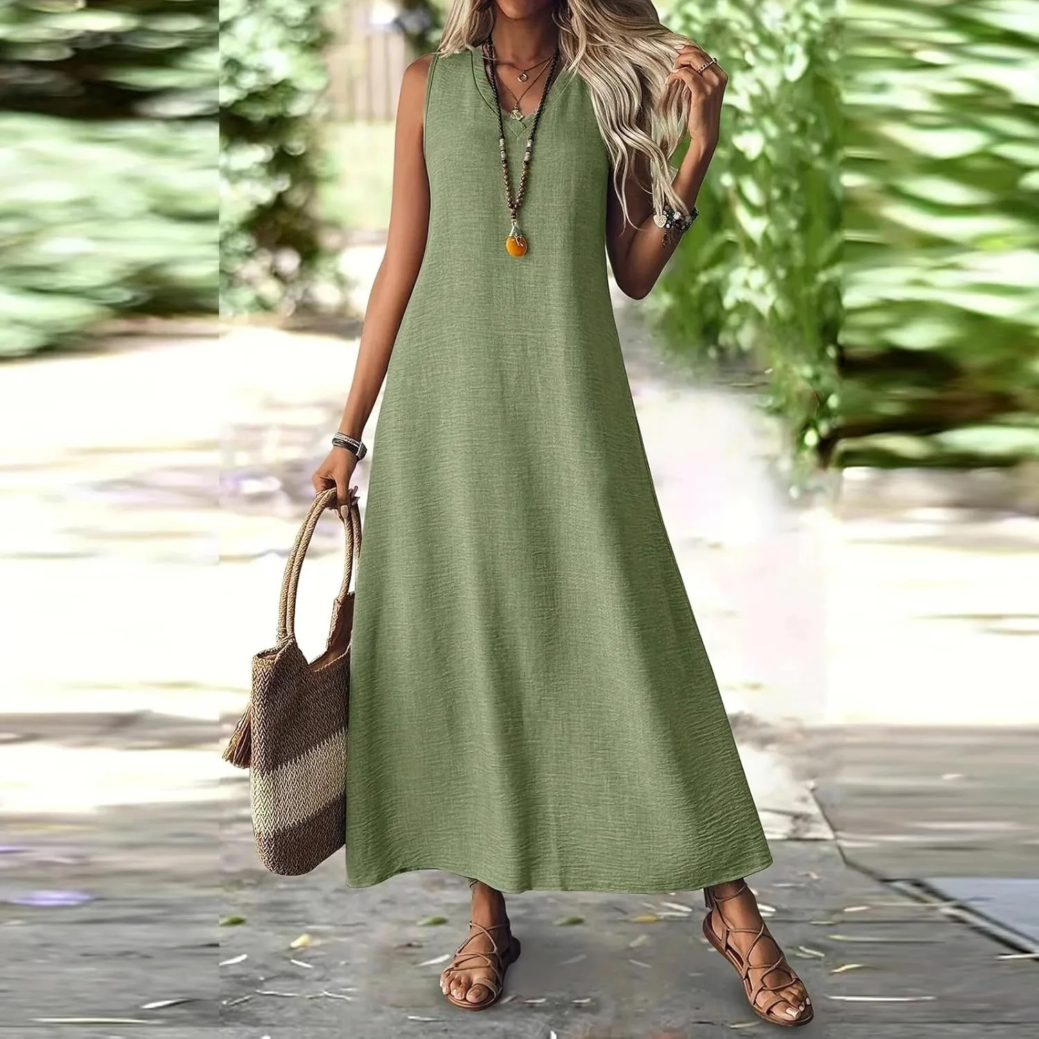 Summer Dresses for Women 2025 Cotton Linen Maxi Dress Casual Sleeveless Solid Long Sundress Vacation Outfits
