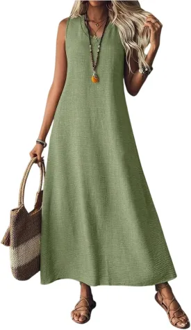 Summer Dresses for Women 2025 Cotton Linen Maxi Dress Casual Sleeveless Solid Long Sundress Vacation Outfits