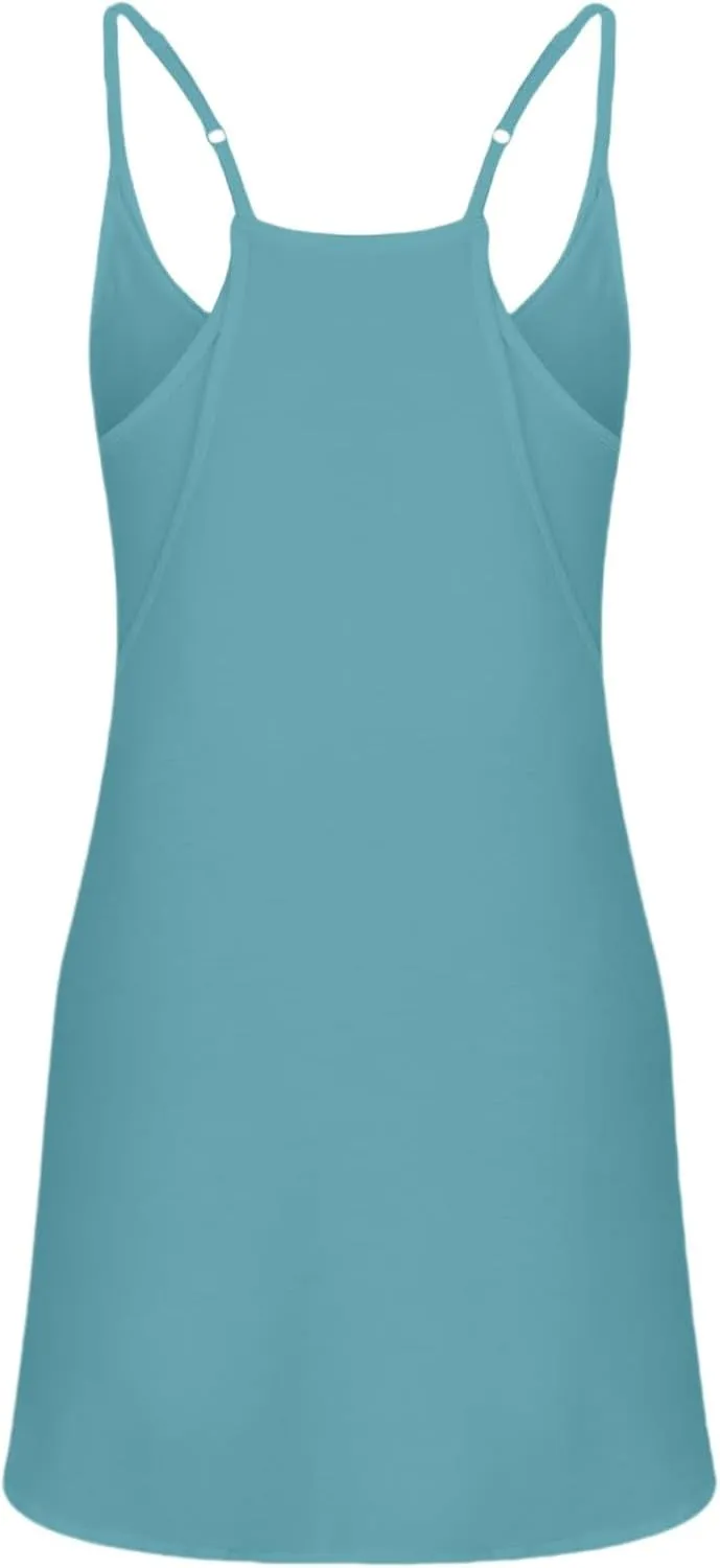 Summer Dresses Shirt for Women Sleeveless Mini V Neck Dress Spaghetti Strap Sundress Athletic Short Dress with Pockets