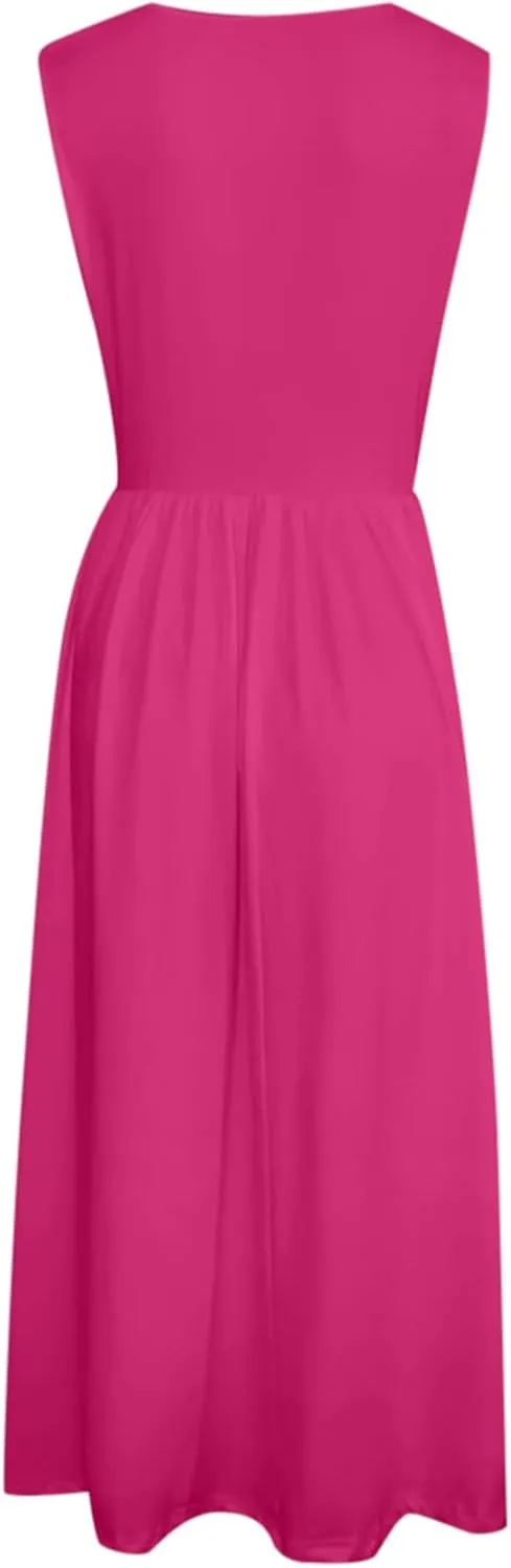 Summer Maxi Dresses for Women 2025 Sleeveless Deep V Neck Long Dresses Loose Plain Maxi Casual Vacation Dress