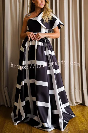 Unknown Beauty Grid Print One Shoulder Decoration Formal Maxi Dress