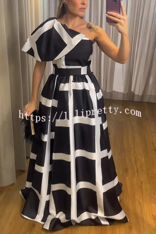 Unknown Beauty Grid Print One Shoulder Decoration Formal Maxi Dress