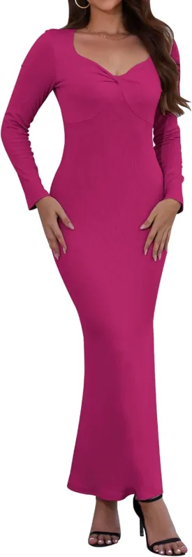 Women's Bodycon Maxi Dress Long Sleeve Ribbed Knit Twist Knot Front Dress Square Neck Elegant Formal Fall Dresses